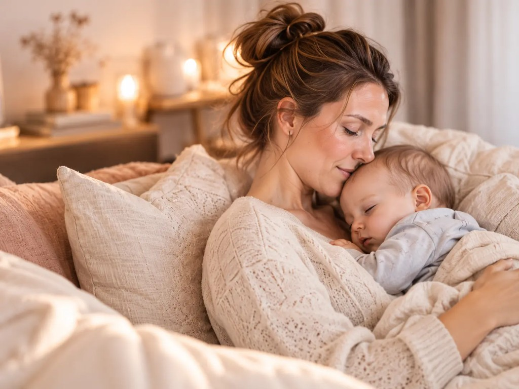 Mutter hält ihr schlafendes Baby liebevoll im Arm
