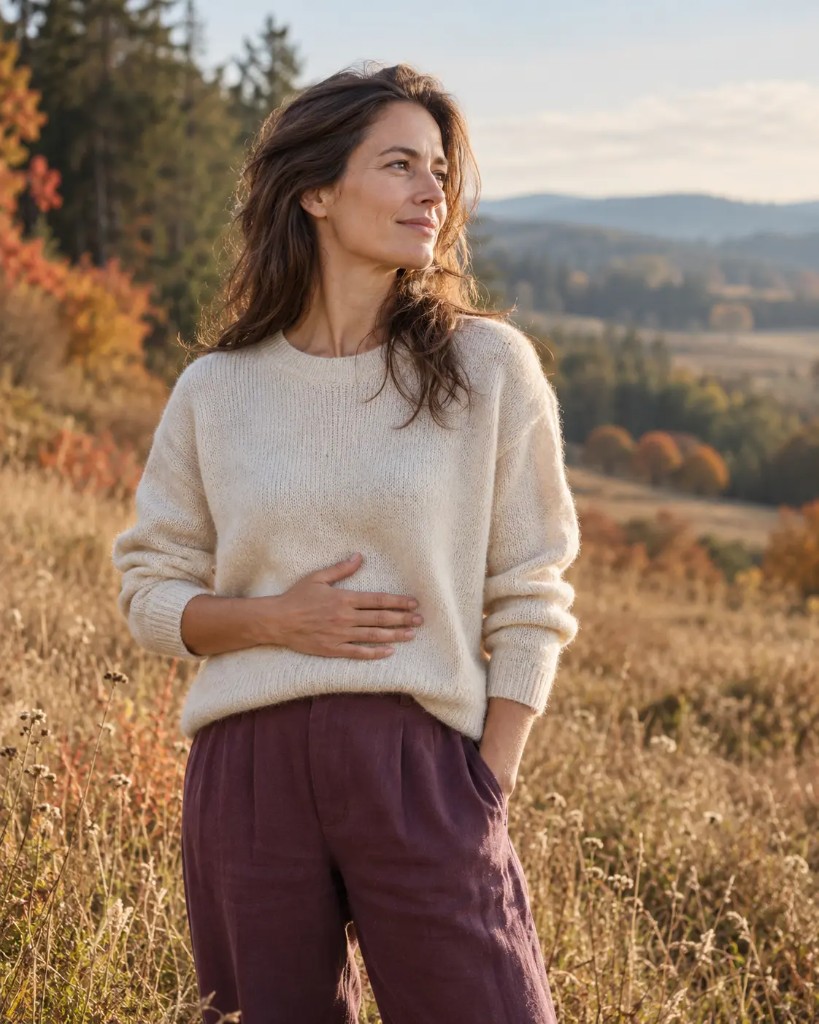 Frau steht ruhig in einer herbstlichen Landschaft.