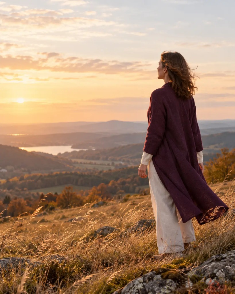 Frau blickt über eine weite herbstliche Landschaft.