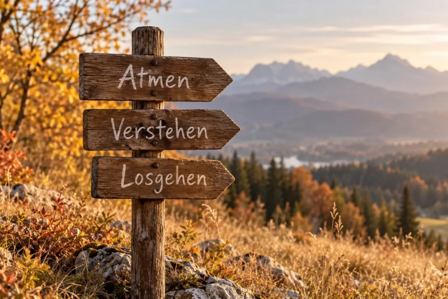 Hölzerner Wegweiser mit den Worten Atmen, Verstehen und Losgehen in einer herbstlichen Landschaft.