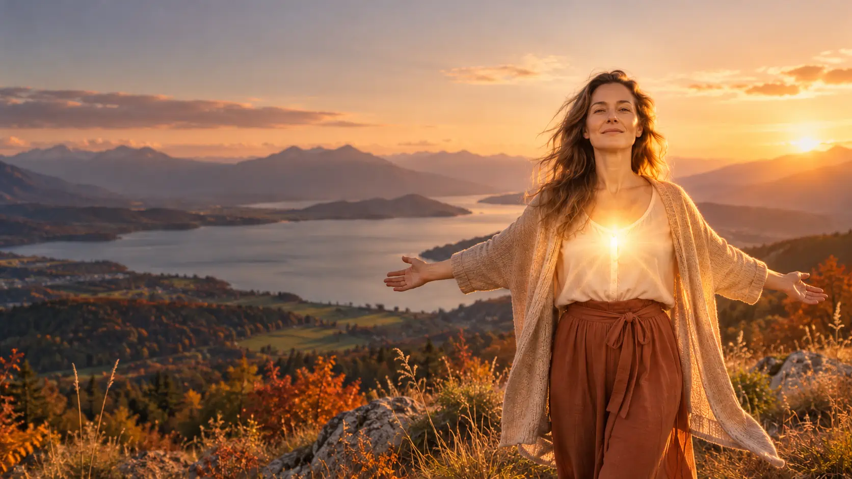 Frau mit geöffneten Armen vor einer weiten herbstlichen Berg- und Seenlandschaft